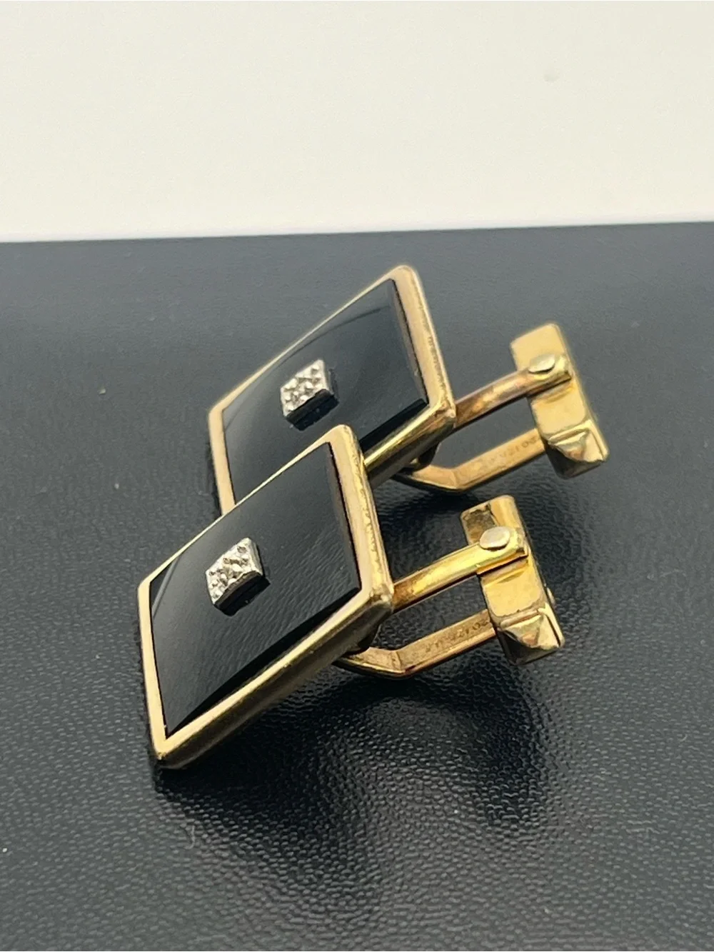 Swank 12k gold filled diamond chip black stone square cufflinks vintage